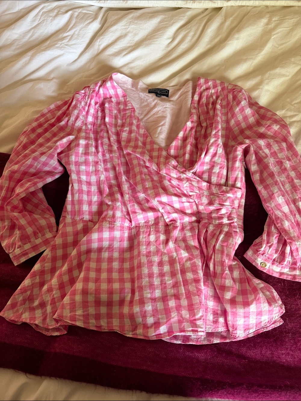 Duffield Lane Pink Gingham Wrap Blouse in cotton
